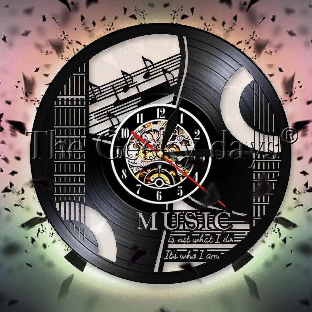 Guitar Music Vinyl Record Wall Clock Music Notes Rock N Roll Wall Clock
