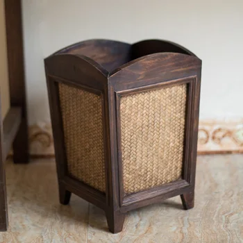 

Wooden vintage trash can home living room without cover Hotel bamboo rattan garbage Office paper lo116634