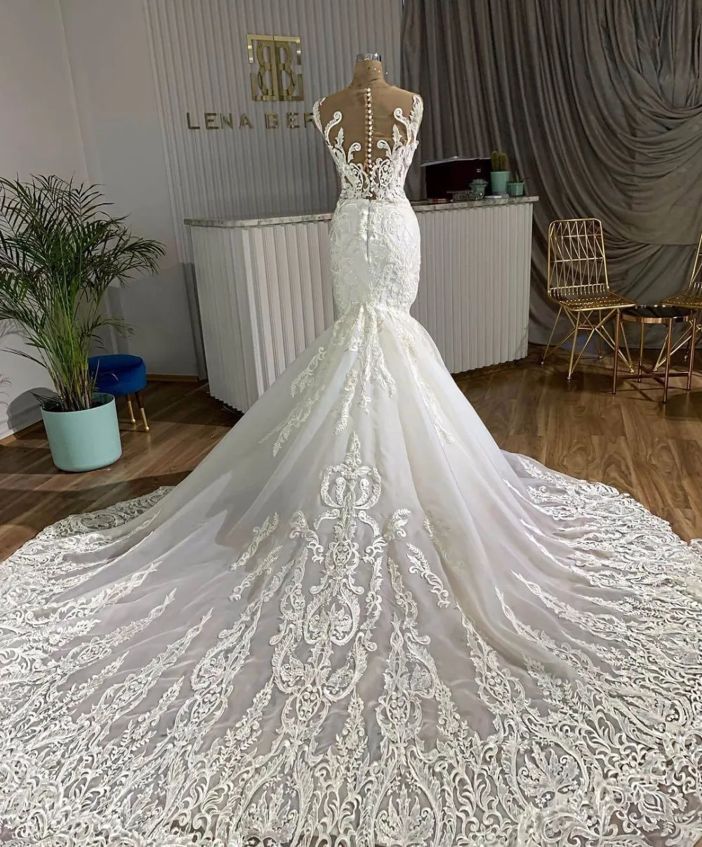 Vestidos De Novia Великолепная с королевским шлейфом детское платье силуэта «русалка» свадебное платье Иллюзия с пуговицами на спине и безрукавные Свадебные платья Gelinlik