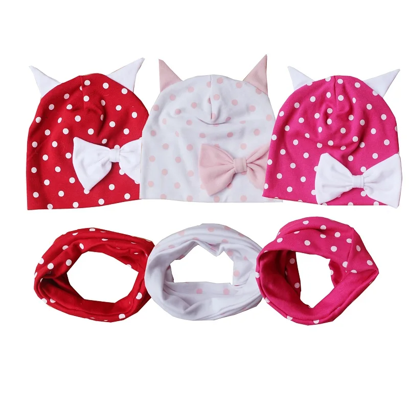 

2018 Baby Girl Hat Cotton Ear Hat For Girls Butterfly Hat Scarf Set Polka Dot Baby Hat