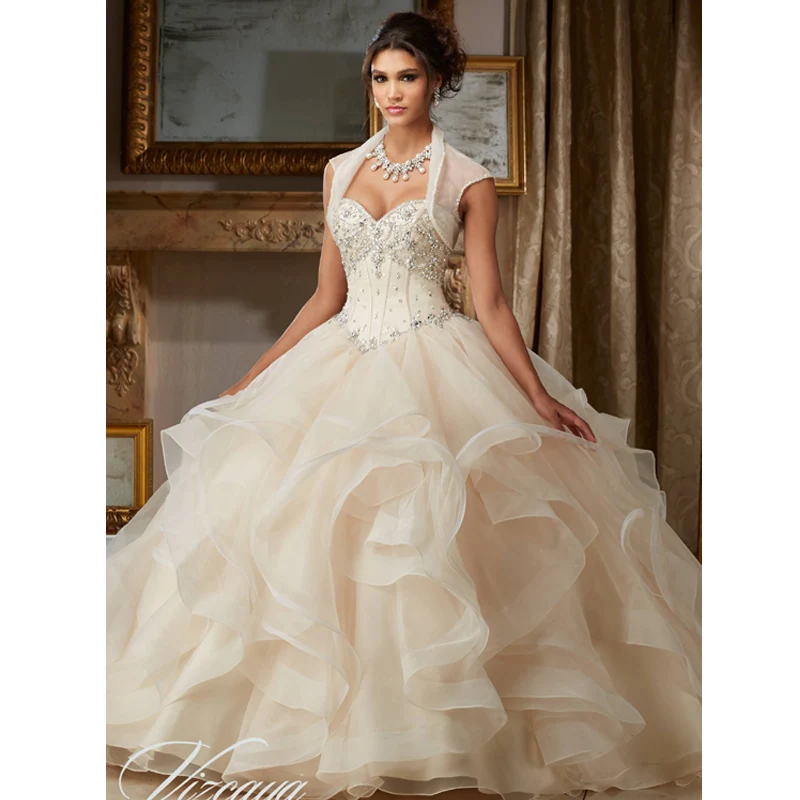 

Newest Quinceanera Dresses Cheap 2019 Layered Ball Gown Organza Beaded Sequins Top Bodice Corest 15 Year Party Dress