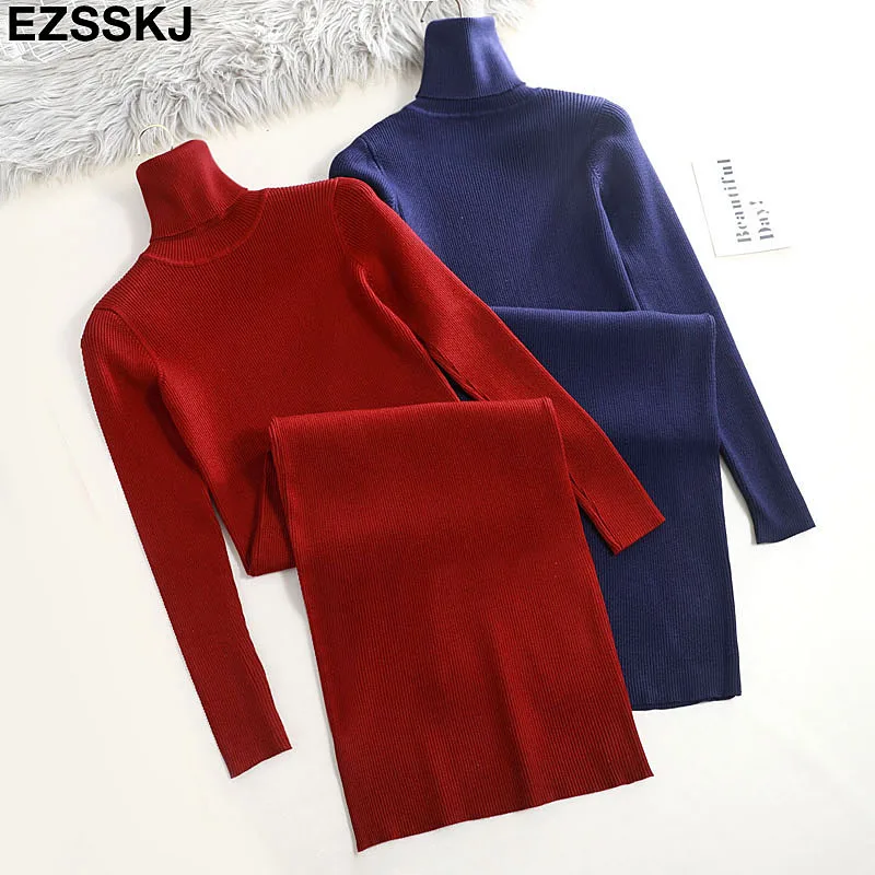 

2019 Autumn Winter Women basic maxi Sweater Dress Turtleneck Knitted Sexy Bodycon long sleeve office Long dress red Warm dress