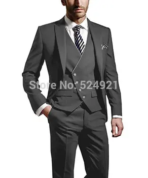 Skup Brand New Groomsmen Ciemny Szary Groom Smokingi Szczyt Lapel Mężczyźni Garnitury ślubne/Prom Najlepszy Męski Blezer (kurtka + Spodnie + Kamizelka + Krawat) C303