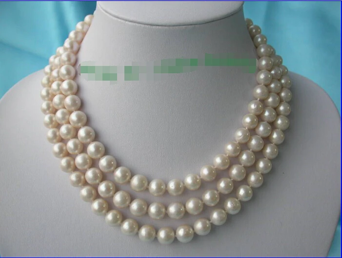 

FREE shipping>>>> stunning 3rows 10mm perfect round white freshwater pearls necklace 14K n158 new