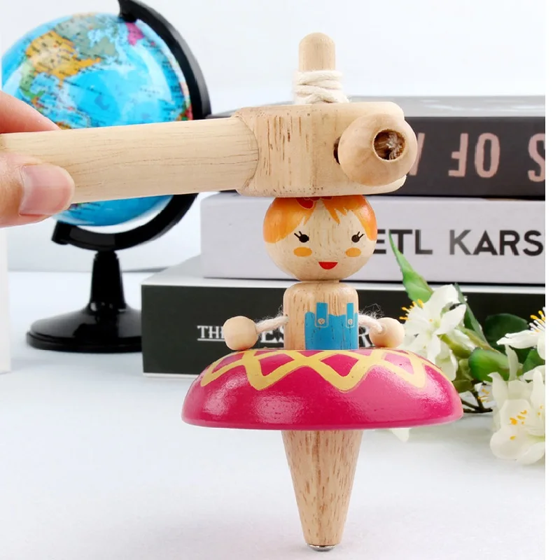 Children wooden toys spinning top with string/ Kids cute dancing girl