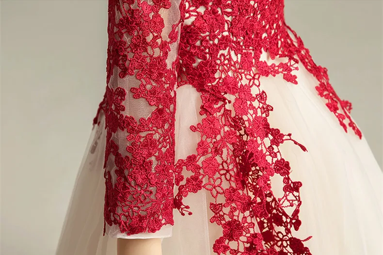 JaneVini элегантный пышные тюль Принцесса бордовый платье с цветочным узором для девочек 2019 V образным вырезом кружево аппликации трапециевидн