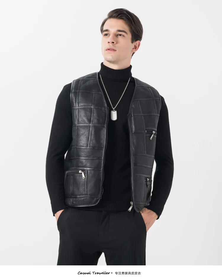

2019 men's leather vest sheep leather vest thickening warm winter fur vest