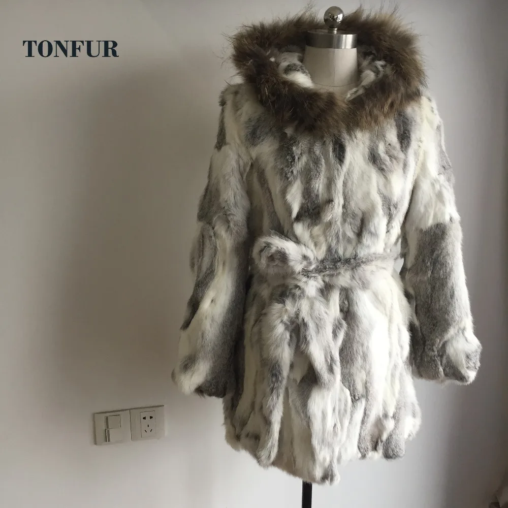 100 Real Rabbit Fur Long Coat with big Luxury Raccoon Fur Collar