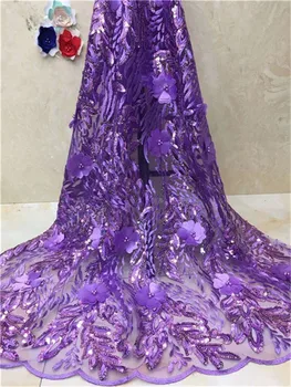 

(5yards/lot ) 2019 New High quality emerald beads African tulle 3d lace French net lace fabric purple Sequins for party dress