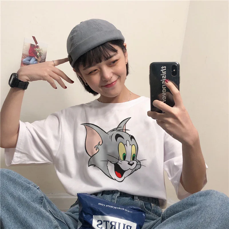 

2018 Summer women white T Shirts Jerry mouse Tom cat printing top tee Kawaii cartoon Female Casual t-shirt Plus Size Women Shirt