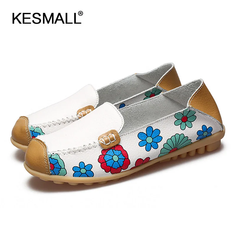 

Women Flats Split Leather Spring Summer Flat Shoes Woman Print Loafers Slip On Soft Bottom Mothers Casual Shoes Plus Size Flats