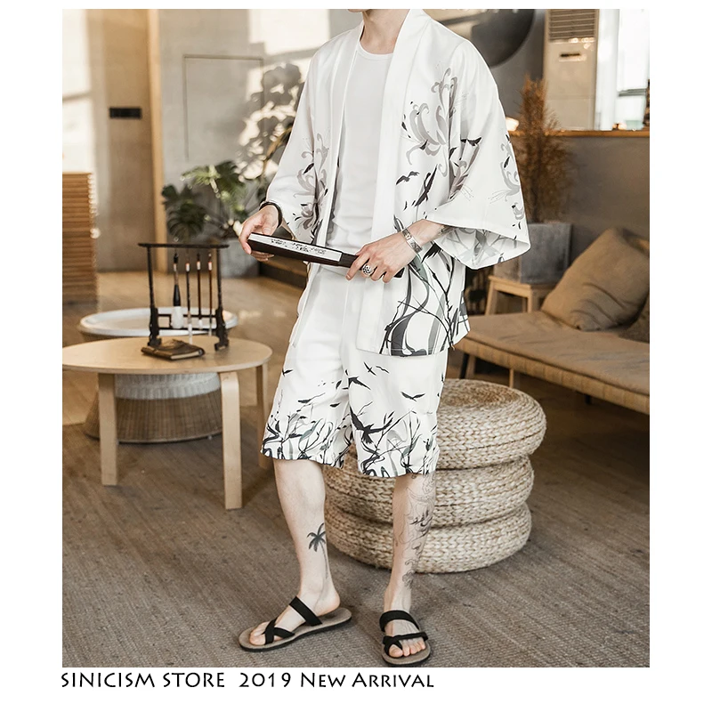 Sinicism Store, летние повседневные мужские комплекты, новинка, мужские кимоно с принтом, спортивный костюм, мужской комплект из 2 предметов, спортивный костюм, мужская одежда