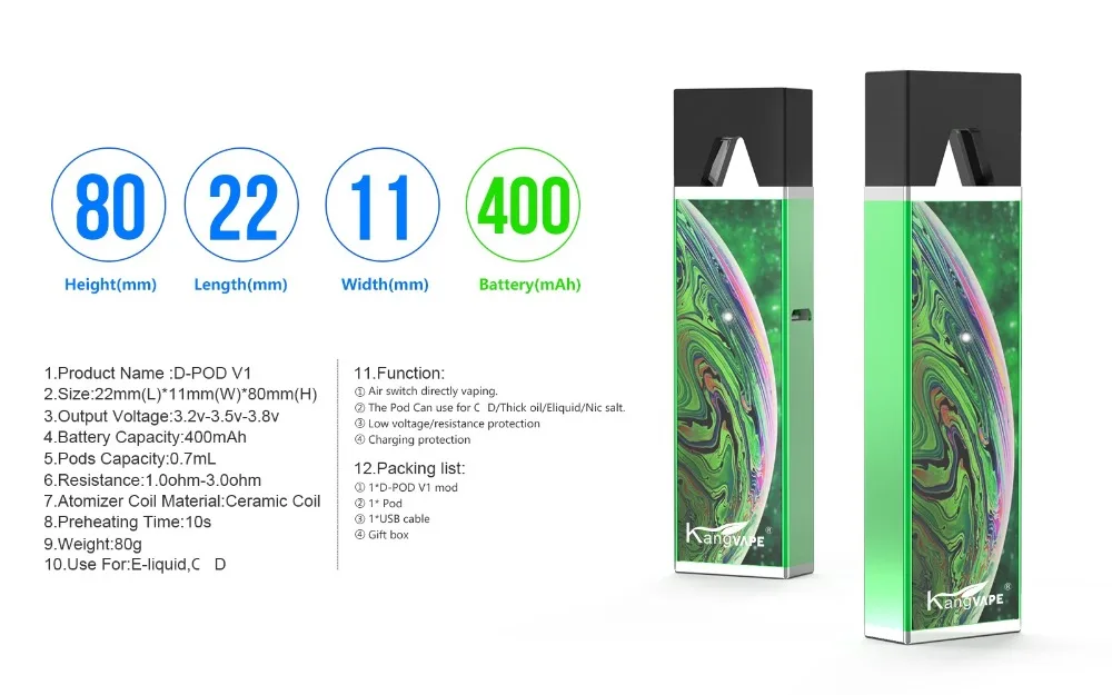 Электронная сигарета Pod Vape,, Kangvape, D Pod V1, 650 мАч, коробка, мод, система, испаритель, 0,7 мл, керамическая катушка, атомайзер, вейпер