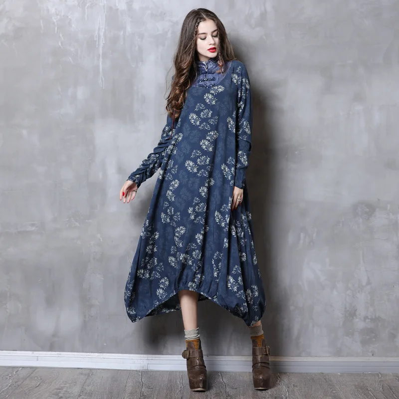 

Famous brand original female clothing spring, summer and autumn stand collar print long buckle large size dress women