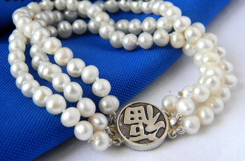 

shitou 001061 3Strands 8'' 6MM White Round Freshwater Pearl Silver Bracelet