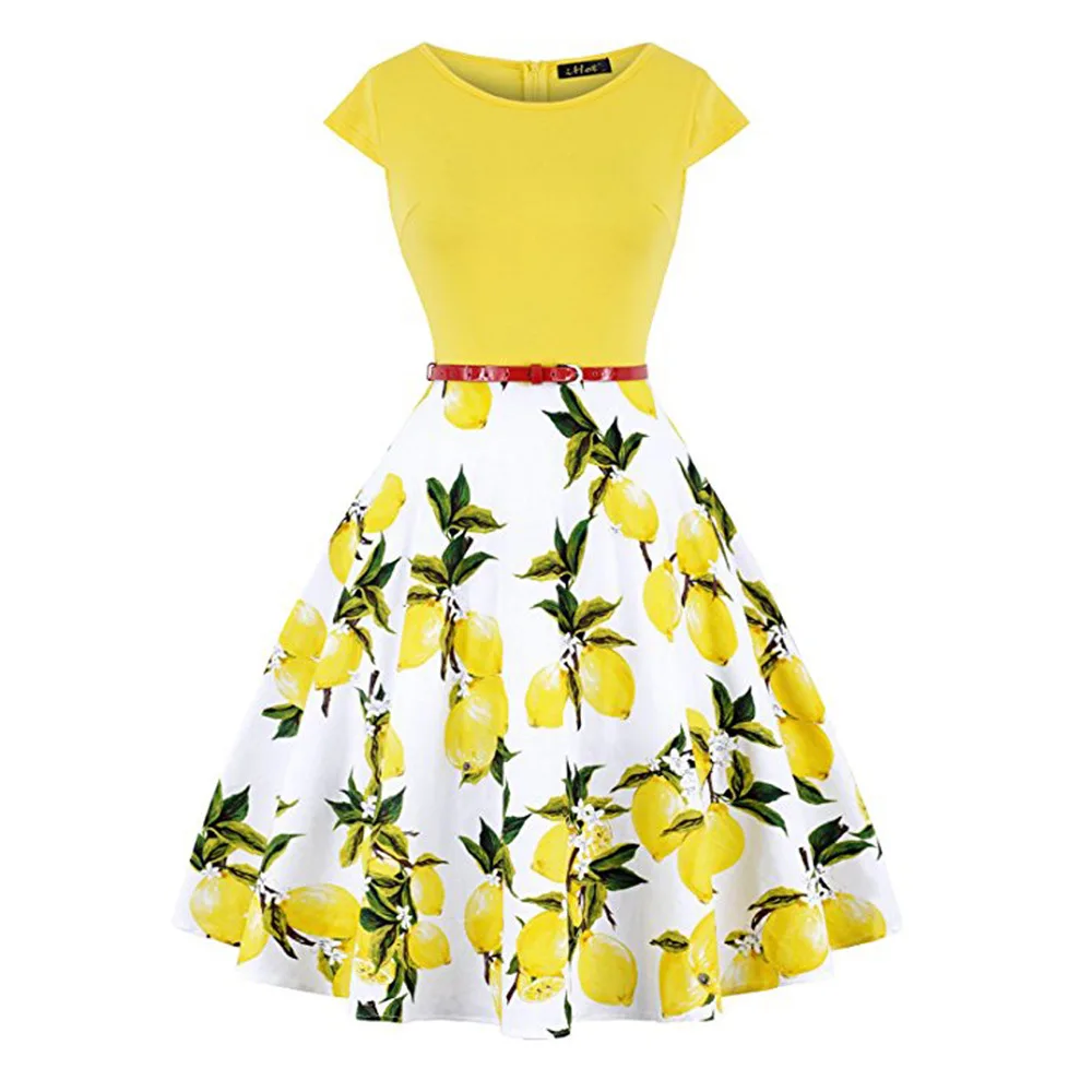

Summer Women Vintage Dresses Retro 50s 60s Casual Tunic O Neck A Line Floral Flower Lemon Printed Rockabilly Pin Up Skater Dress