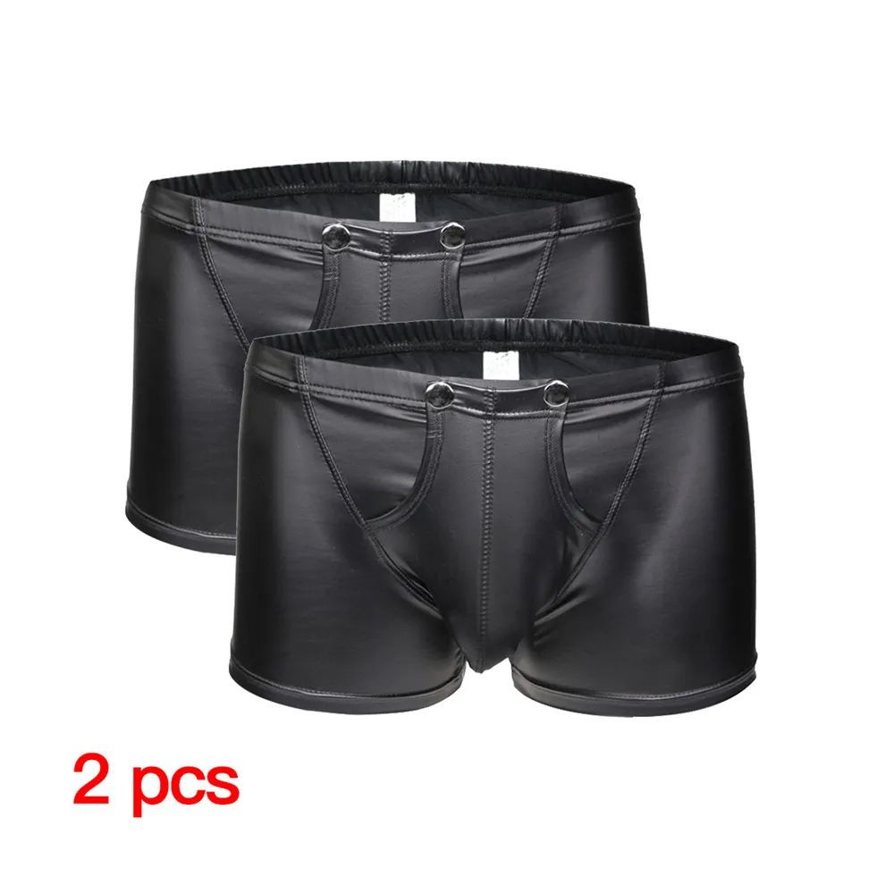 2Pcs Sexy Black Underwear Men Patent Leather Boxers Nylon Low Waist Boxer Shorts Gay Tights Panties Male Capsule Underpants (5)