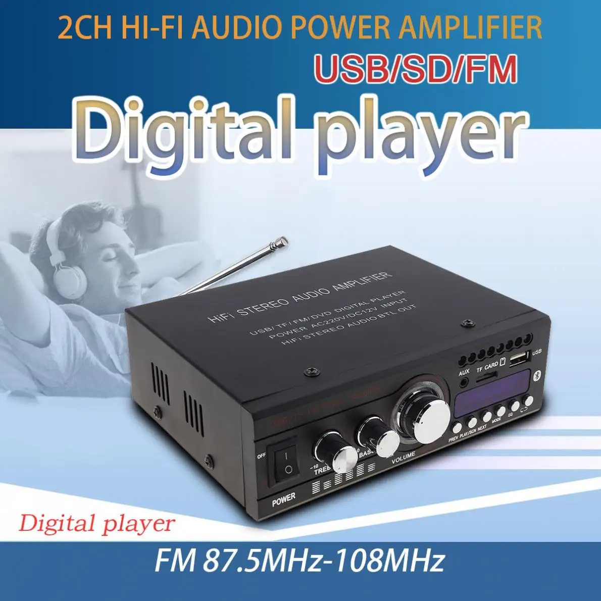DC12V/AC220V Bluetooth 2CH Hi-Fi Auto Car FM Radio Stereo Audio Power Amplifier Digital Player Support USB / SD / FM / DVD DC12V/AC220V Bluetooth 2CH Hi-Fi Auto Car FM Radio Stereo Audio Power Amplifier Digital Player Support USB / SD / FM / DVD
