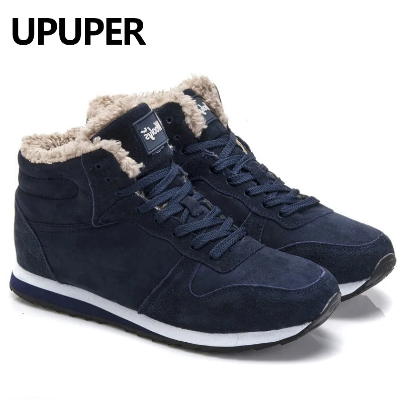 Online Zapatillas de invierno de talla grande para hombre, de cuero genuino, de felpa cálida para invierno, zapatos casuales para hombre, zapatillas deportivas Unisex para hombre, azul y negro