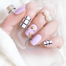 Fake Nails Light Purple White Black Cross Lines False Nail Tips 3D Nail Art Metallic Seashells Star Tips Z026