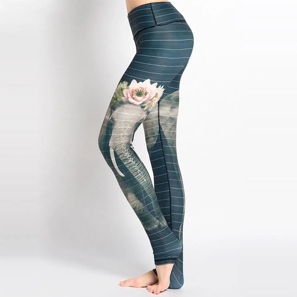 ESHINES Lotus Elephant Print Yoga Pants High Waist Fitness Gym Running