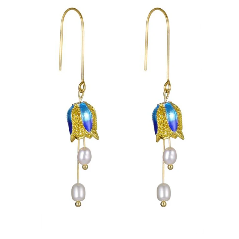

New Fashion Enamel Tulip Flowers Cultured Pearls Real Water Pearls Tassels Women's Earrings