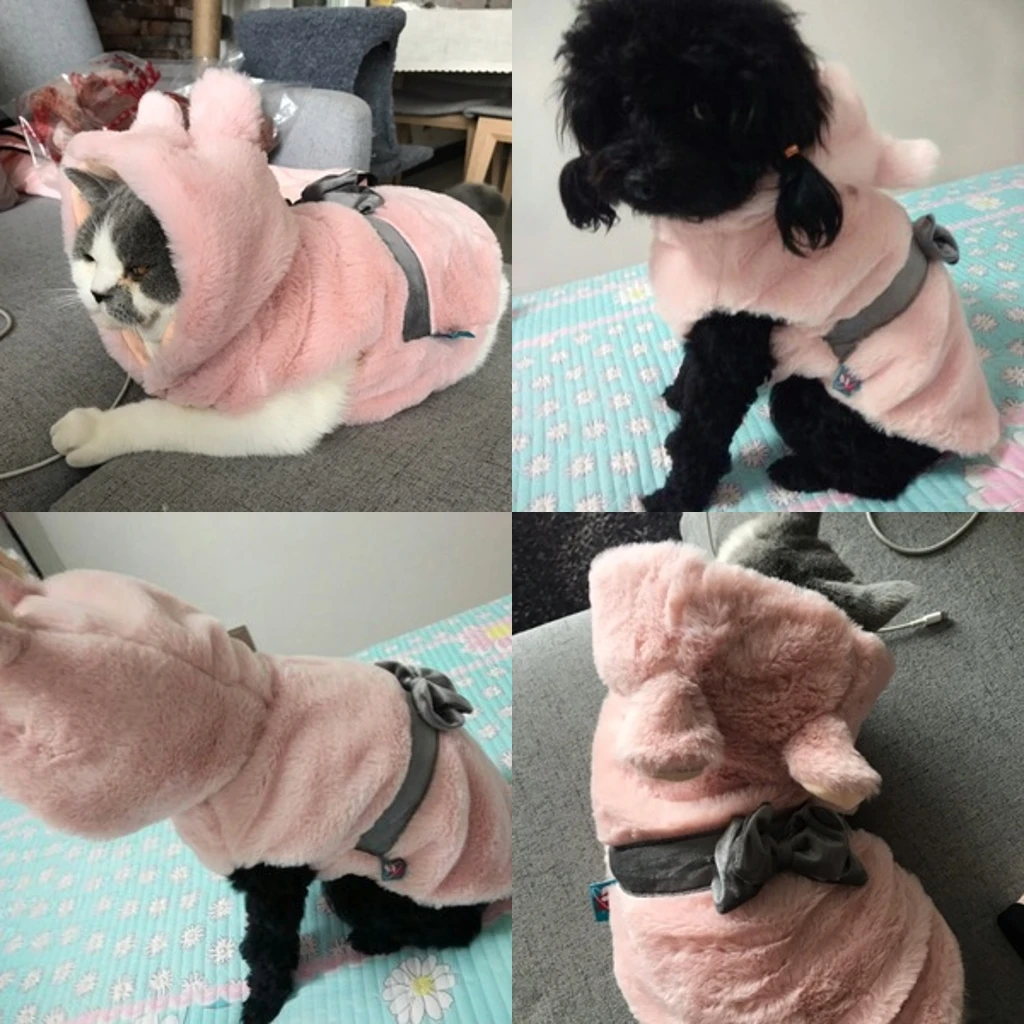 Пальто для собак, кошек, мягкая удобная Розовая Одежда для собак, с бантом, Осень-зима, одежда для плюшевых собак, поводок, с отверстиями, на пуговицах, с застежкой, для девочек, с капюшоном для собак