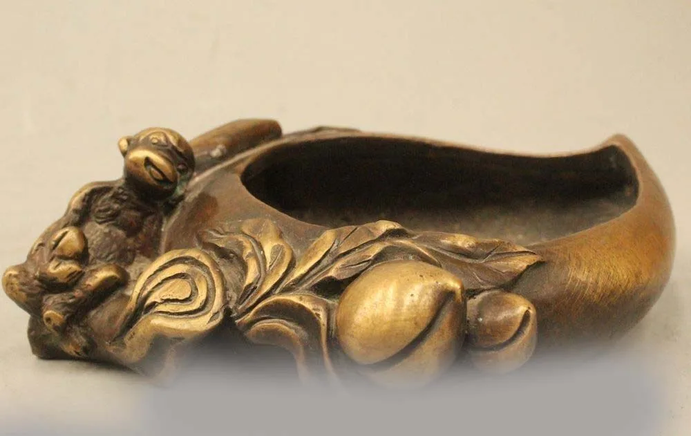 

7" China Chinese Palace Folk Purple Bronze monkey ashtray Bowl censer Statue