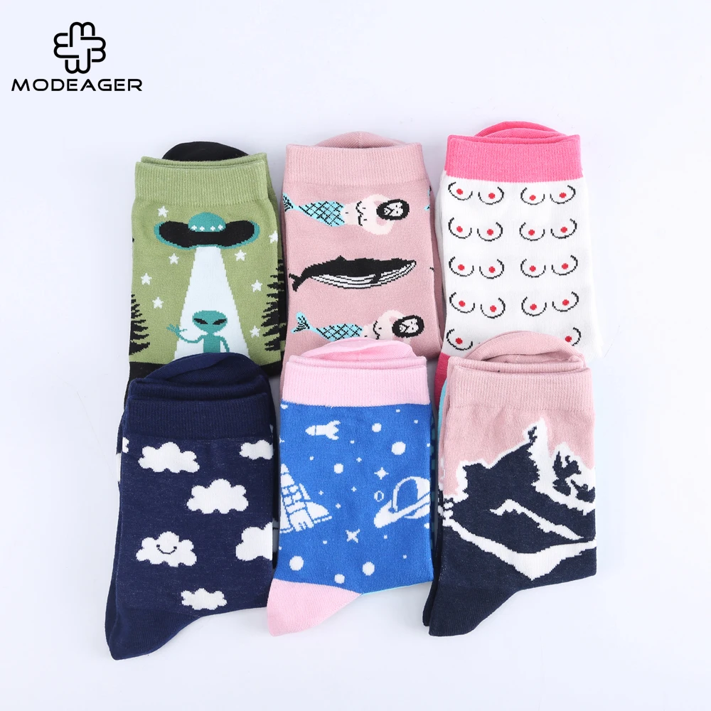 Modeager 75% Cotton Japanese Patterned Mermaid Alien Space Planet Funny Women Socks Novelty Cool Socks Christmas gift for Girls