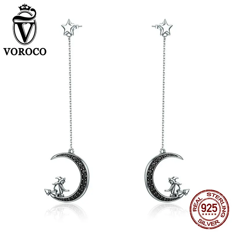 

VOROCO Fashion 925 Sterling Silver Drop Earrings Witch Sit on Moon Cute CZ Earring For Women Girl Party Jewelry Gifts BKE287