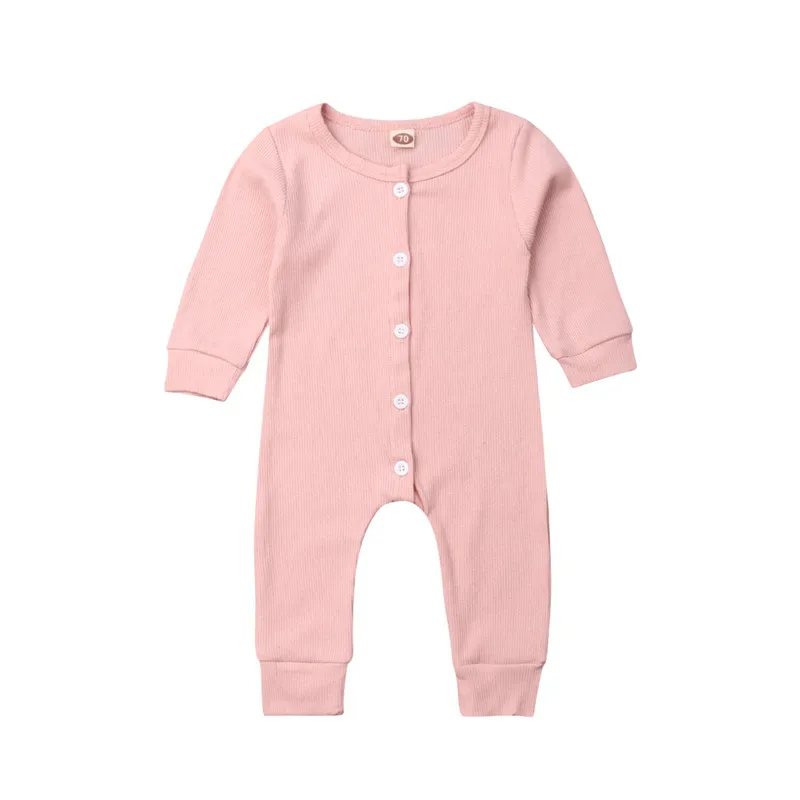 Однотонный комбинезон для новорожденного, для девочек и мальчиков, комбинезон с длинными рукавами и пуговицами, комбинезон с длинными рукавами, осенний костюм для детей от 0 до 24 месяцев - Цвет: Розовый