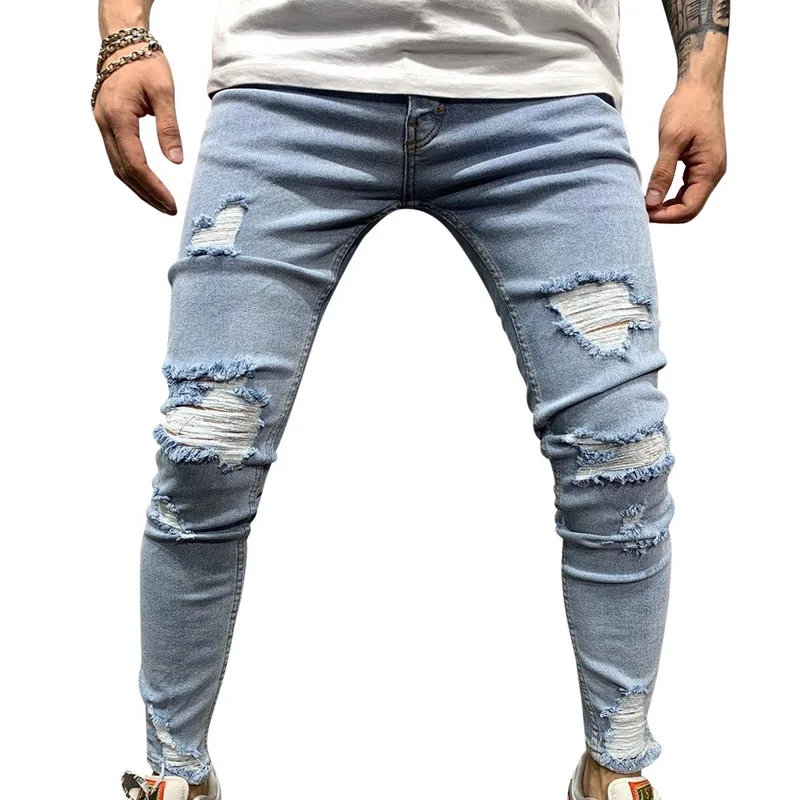 SHUJIN, хлопок, уличная одежда, мужские джинсы, рваные, дизайн, узкие брюки, по щиколотку, обтягивающие, мужские, полная длина, винтажные джинсы, рваные брюки - Цвет: blue