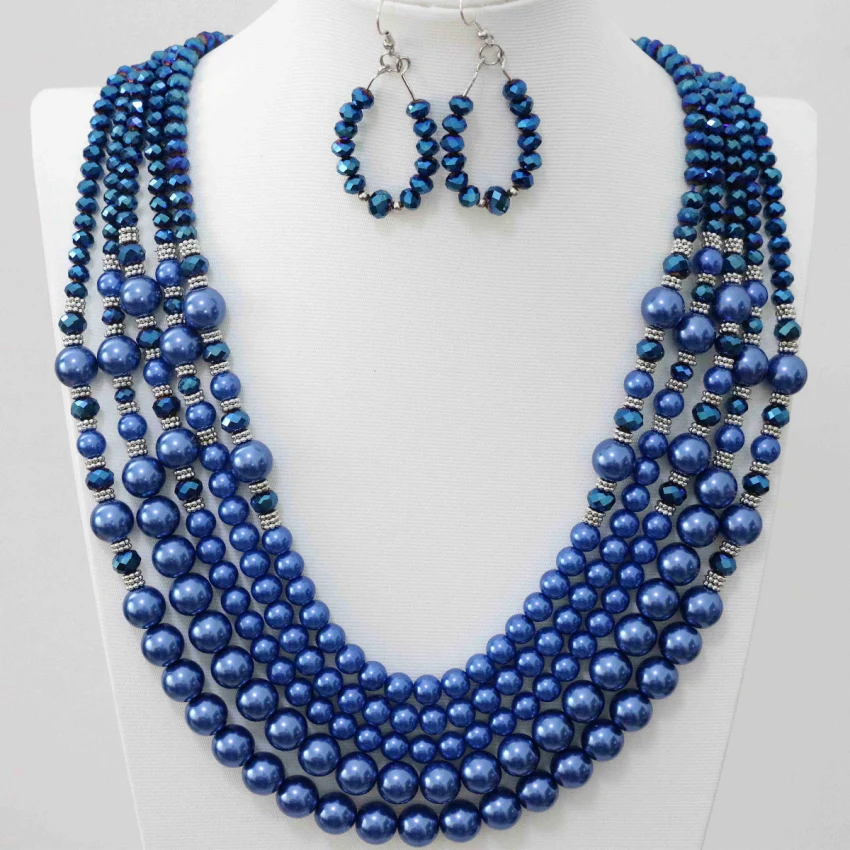 Blue glass crystal shell faux pearl beads fashion unique design anniversary earrings 5rows necklace earrings jewelry set B983-6