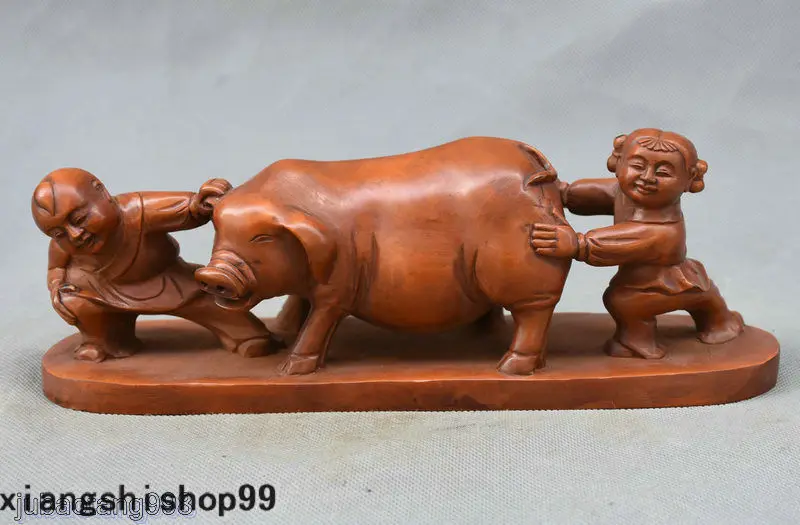 

christmas 10" Rare Old China Boxwood Wood Carved 2 Boy Girl Animal Pig fu Blessing Statue halloween