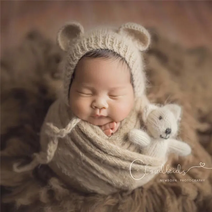 Newborn Panda Bear bonnet and stuffed toy. Knitted baby photo prop