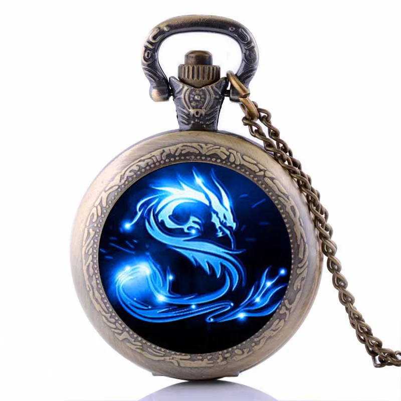 Синие карманные часы с драконом Ожерелье Стеклянный кабошон ручной работы ювелирные изделия Длинные Фото Арт колье Шарм Фэнтези крыло ювелирное изделие дракон