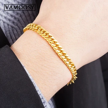 

8mm Men's Bracelets 100% 24K Gold Curb Cuban Link Chain Bracelets for Men Wholesale Gold Wrist Bracelet Metal Cuff Fine Bracelet
