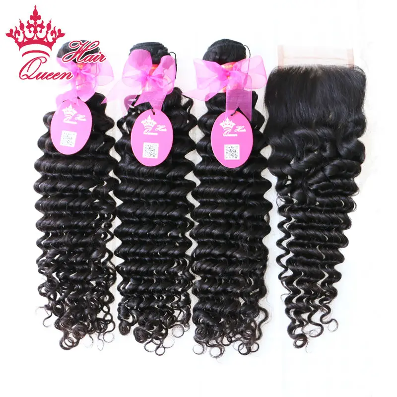 Queen Hair Products Brazilian Virgin Deep Wave Curly 1 Piece Lace Top Closure with 3pcs or 4pcs Hair Extension 100% Human Hair