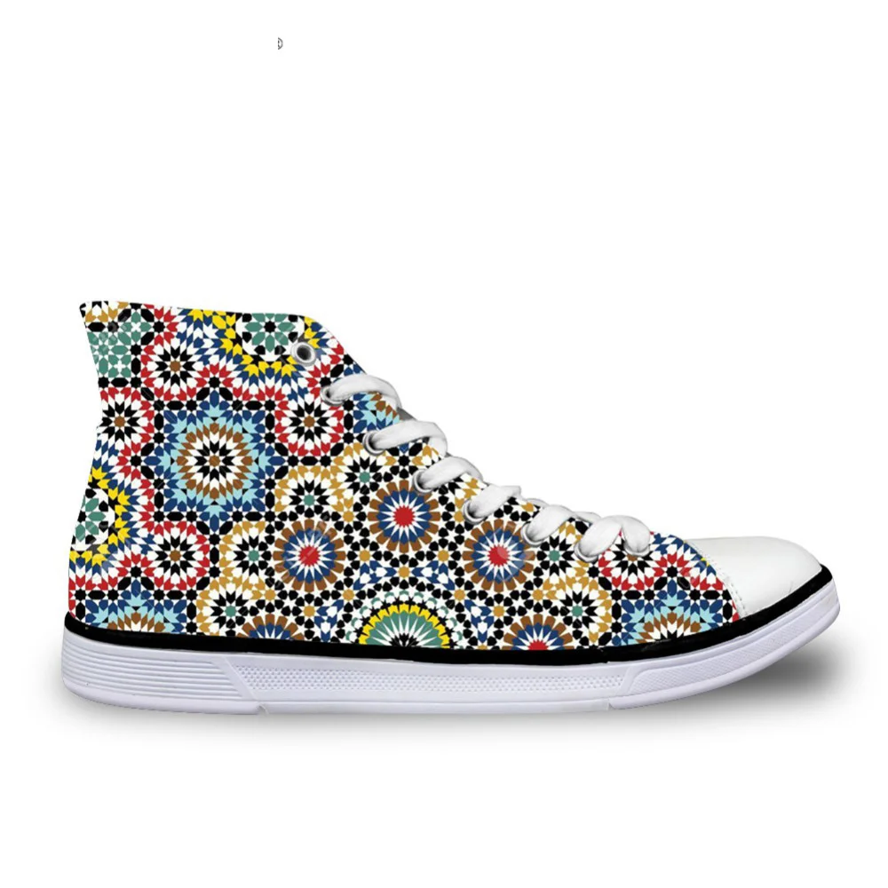 

Customized Traditional Moroccan Pattern Lace-up Fashion Vulcanize Shoes for Women Casual High Top Canvas Casual Sneakers Woman