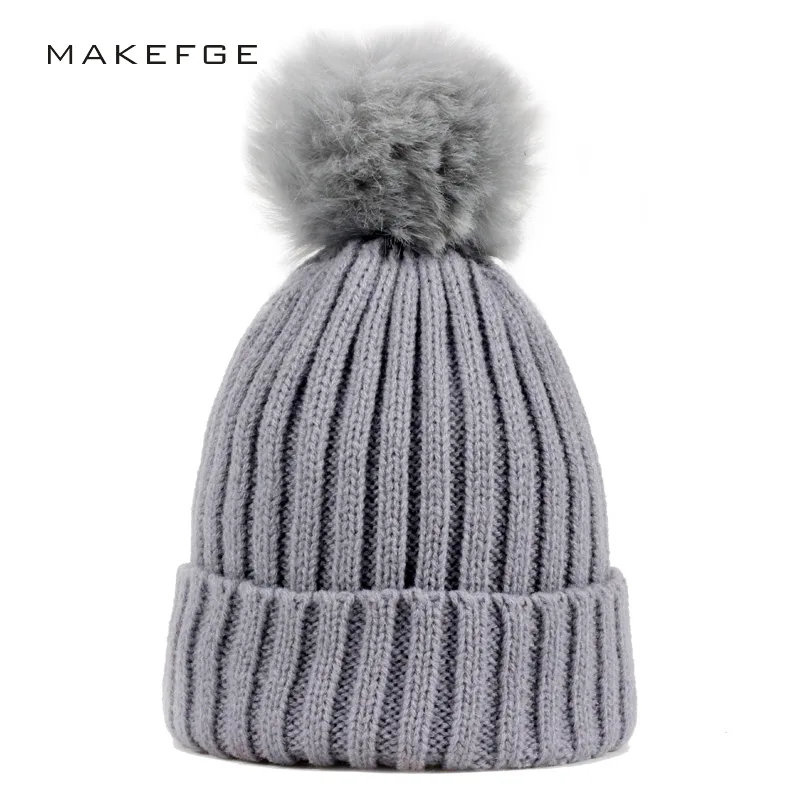 Меховая шапка с помпоном, зимние детские шляпы, Skullies Beanies, Детские теплые шапки, эластичные вязаные шапки, детские меховые шапки с помпонами для мальчиков и девочек