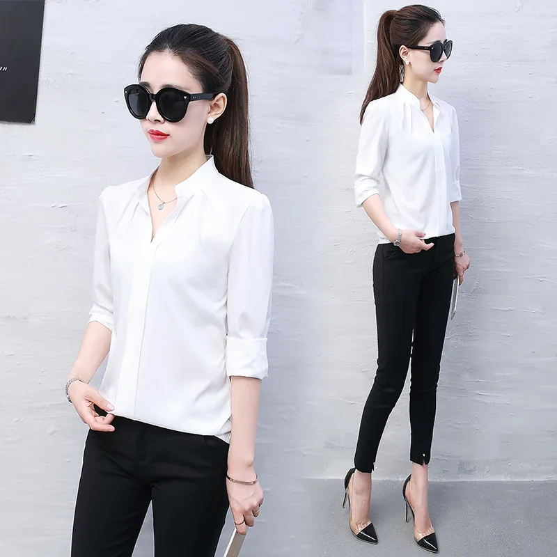 Women Sexy Shirts V-Neckline Chiffon Blouses Ladies Long Sleeve Pleated Camisa Elegant Plus Size Stylish Office Blouse off the shoulder shirts & tops