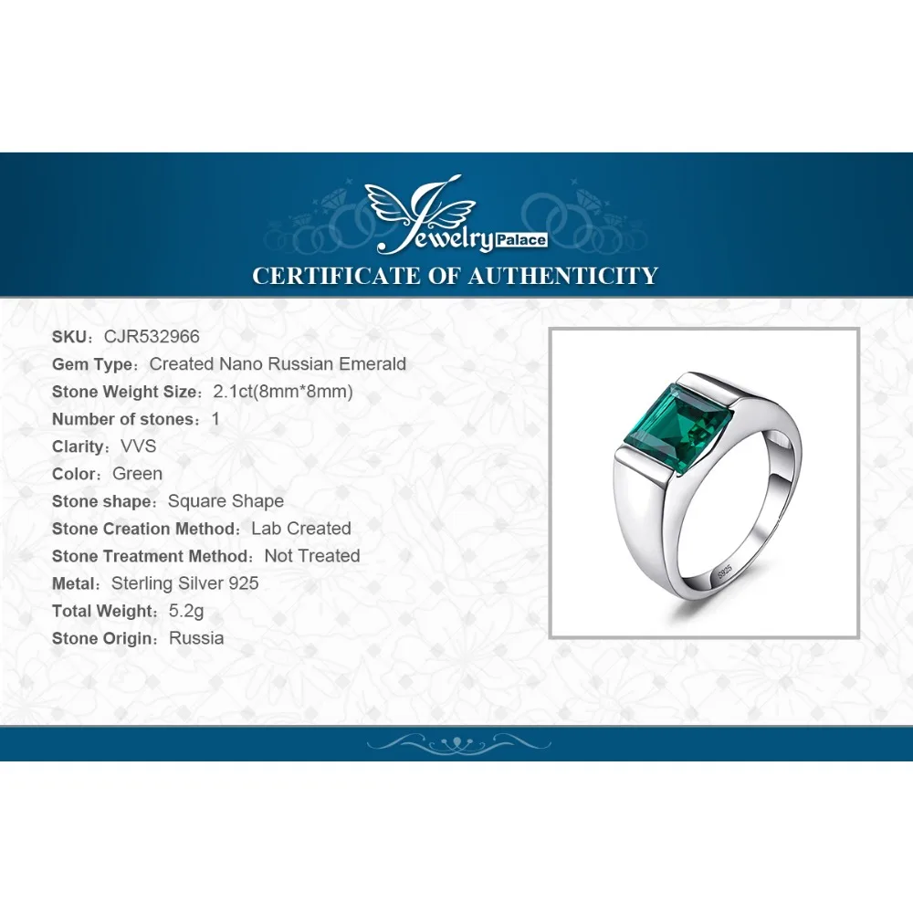 JewelryPalace Men's Charms 2.2ct Created Emerald Engagement Rings Real 925 Sterling Sliver Square Cut Gemstone Fine Jewelry