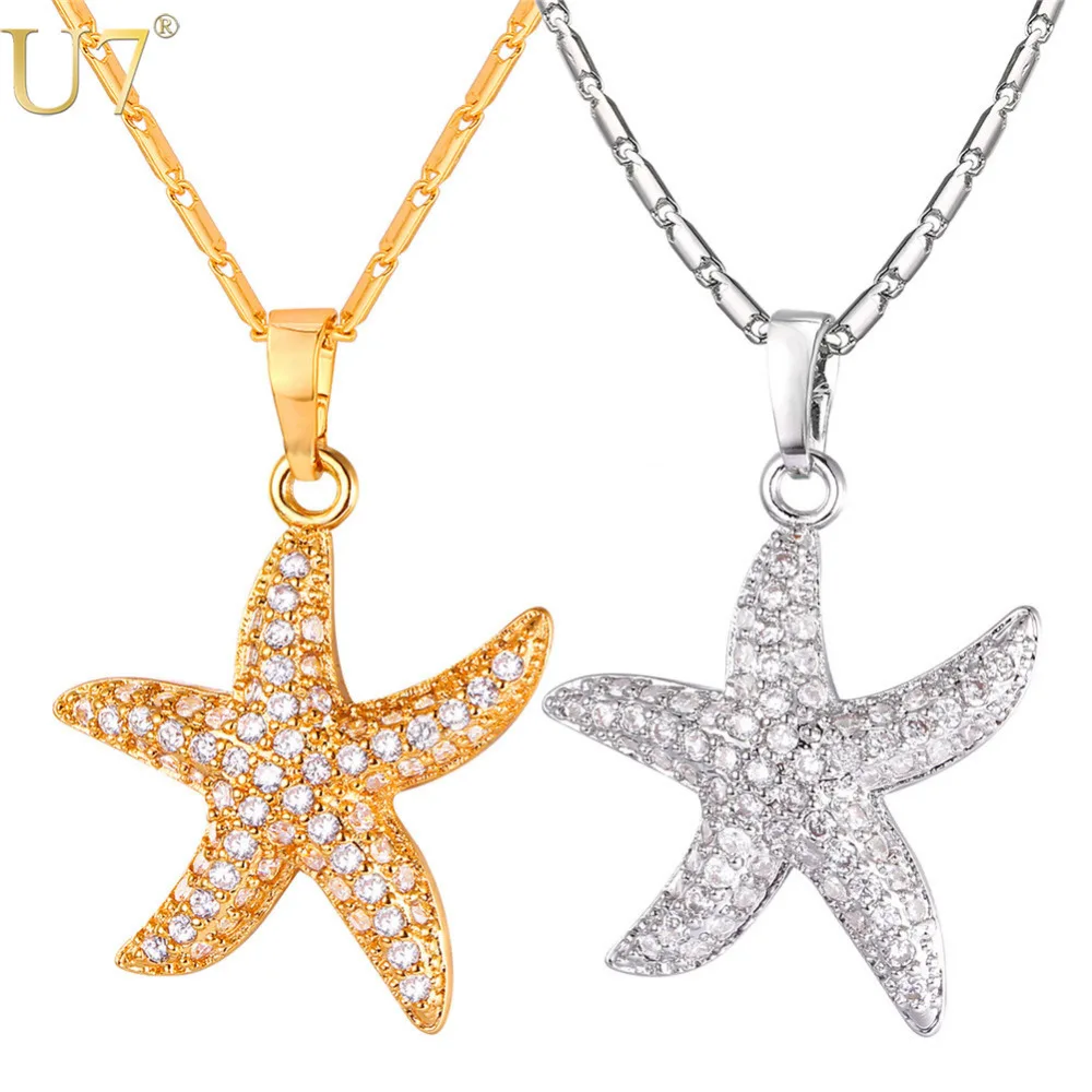 U7 Gold Silver Color Full Crystal Starfish Pendant Necklace Women Starfish Pendant Necklace Women