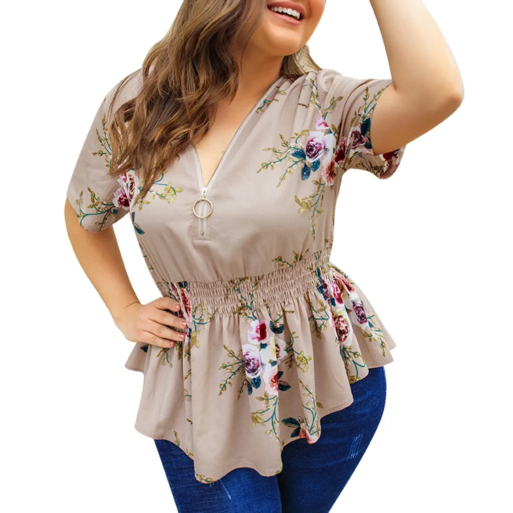 

Blouse Women's Shirt Plus Size Womens Floral Print V Neck Shirt Ladies Zip Up Summer Blouse Tops blusas mujer de moda 2019 #30
