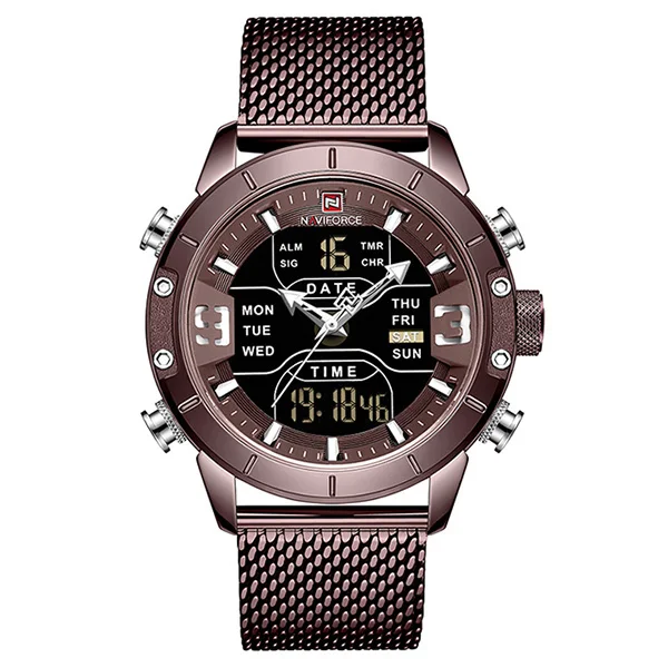 NAVIFORCE часы Топ люксовый бренд мужские военные кварцевые наручные часы из нержавеющей стали сетчатые спортивные часы аналогово-Цифровые мужские часы - Цвет: coffee