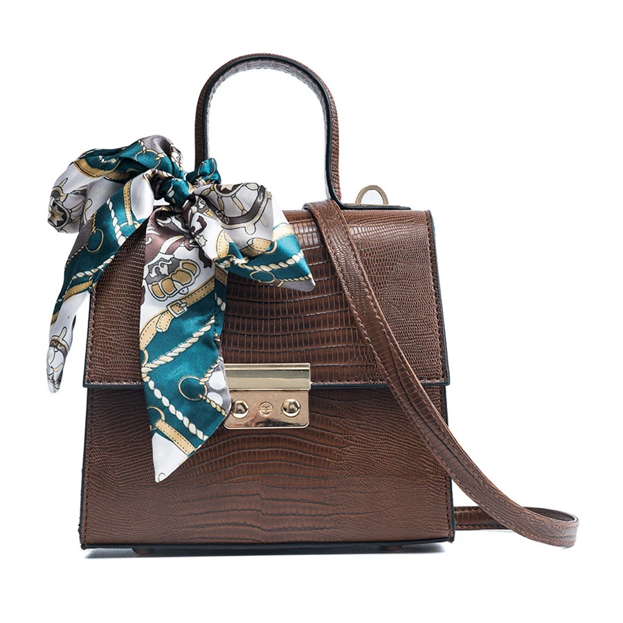 

Brand Luxury Crocodile Pattern Women Handbag Bag Scarves Bow Small Square Bag Leather Dinner Handbag Bag Travel Bag Clutch 2019