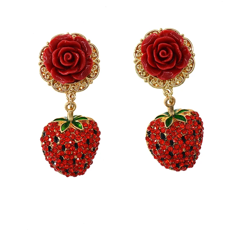 

fashion Baroque retro earrings red rose flowers long drop earring women charm temperament retro big earrings