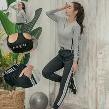 3 шт. женский костюм для йоги спортивная рубашка с длинными рукавами+ бюстгальтер+ штаны Спортивная одежда впитывает пот Для Бега Спортзала фитнеса одежда для йоги комплект