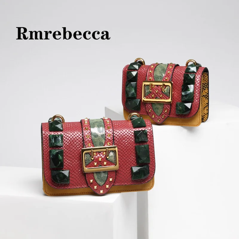 

designer stone bags famous brand women buckles bag 2018 genuine snakeskin leather patchwork rivets flaps small chains handbags
