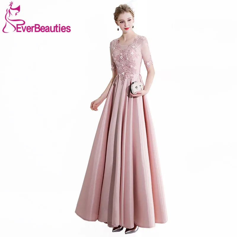 

Elegant Long Evening Dresses Satin with Appliques Evening Party Dresses Half Sleeves Robe De Soiree 2019 New Arrival Abiye